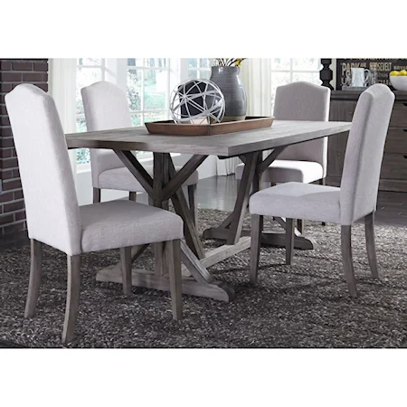 5 Piece Trestle Table Set with Tan Parson's Chairs